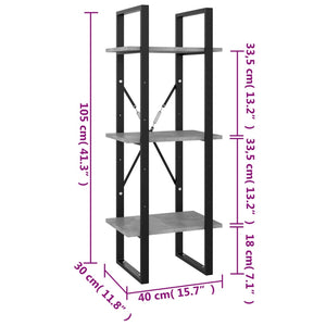 Βιβλιοθήκη με 3 Ράφια Γκρι Σκυροδέματος 40x30x105εκ Επεξ. Ξύλο