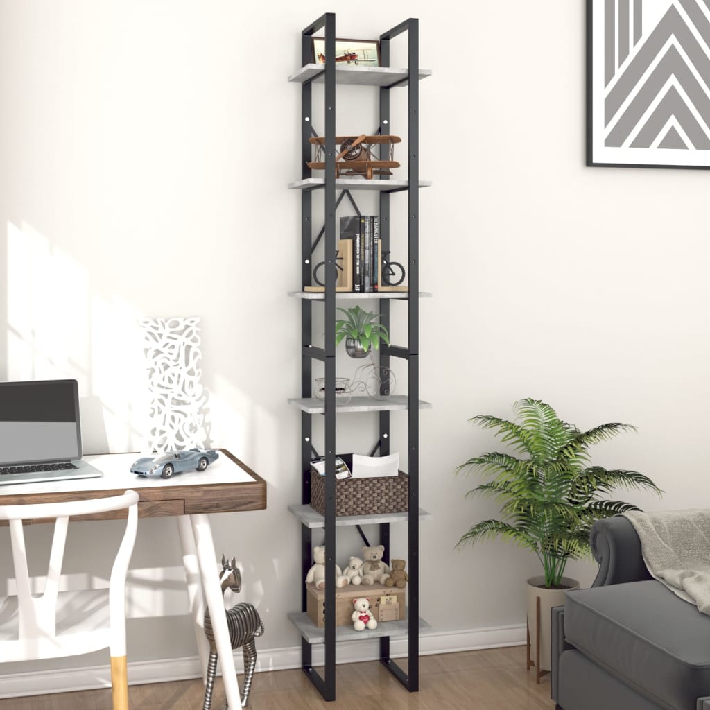 Βιβλιοθήκη με 6 Ράφια Γκρι Σκυροδέματος 40x30x210εκ Επεξ. Ξύλο