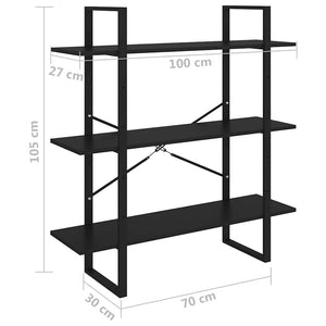Βιβλιοθήκη με 3 Ράφια Μαύρη 100x30x105 εκ από Μασίφ Ξύλο Πεύκου