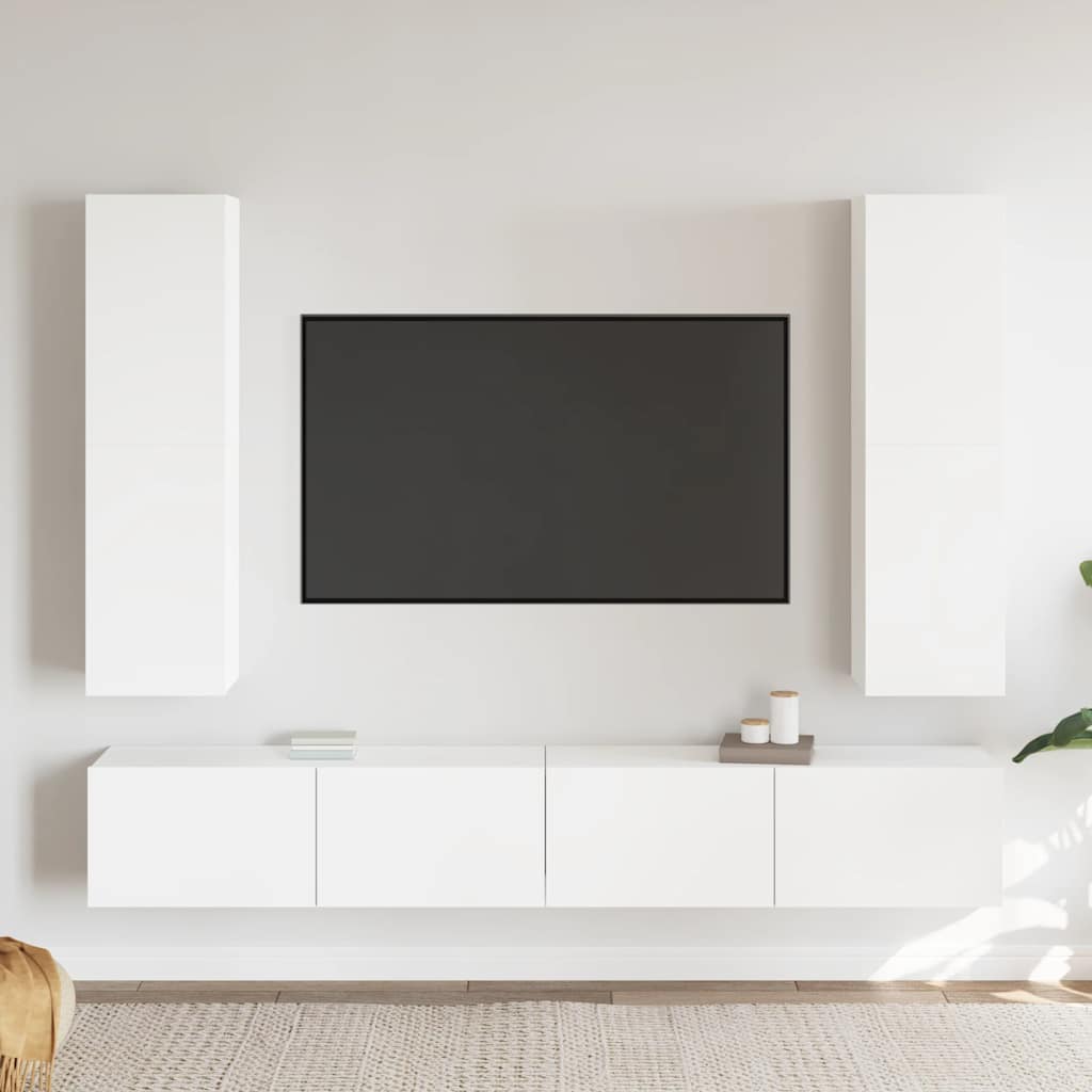 Έπιπλα Τηλεόρασης Σετ 4 Τεμαχίων Λευκό από Επεξ. Ξύλο - PAKOBAZAAR