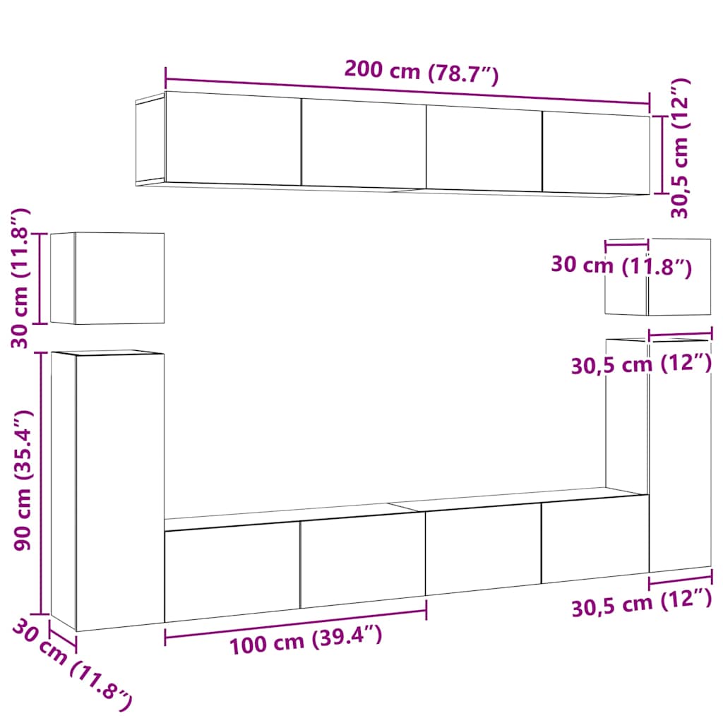Σετ Επίπλου Τηλεόρασης 8 Τεμαχίων Λευκό από Επεξεργασμένο Ξύλο - PAKOBAZAAR
