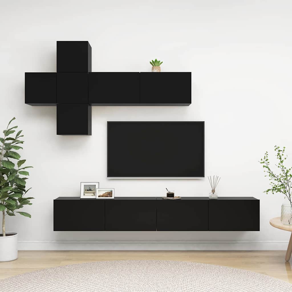 Έπιπλα Τηλεόρασης Σετ 7 Τεμαχίων Μαύρο από Μοριοσανίδα - Pakobazaar