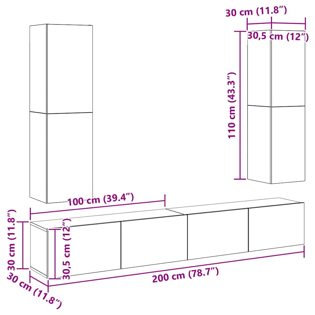 Έπιπλο Τηλεόρασης 4 Τεμαχίων Sonoma Δρυς από Επεξ. Ξύλο - PAKOBAZAAR