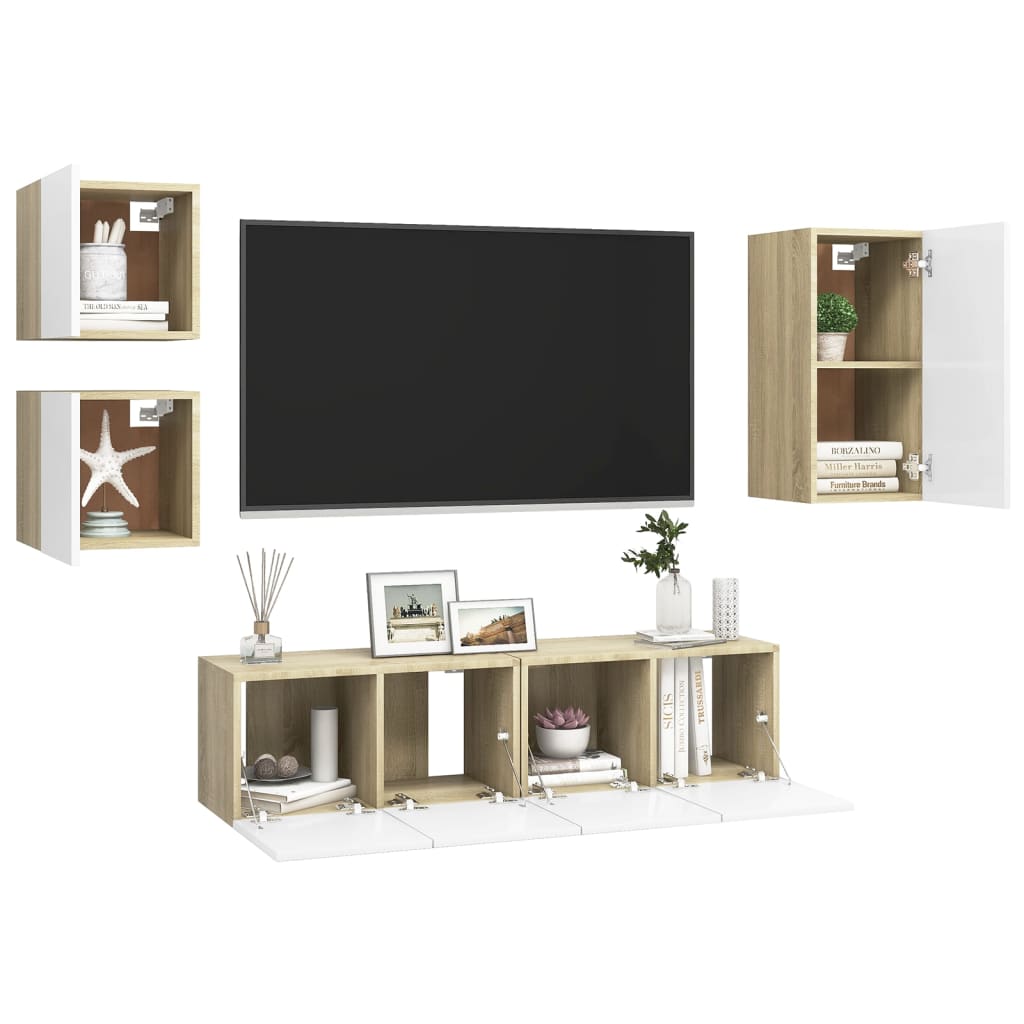 Έπιπλα Τηλεόρασης Σετ 5 τεμ. Λευκό/Sonoma Δρυς από Μοριοσανίδα