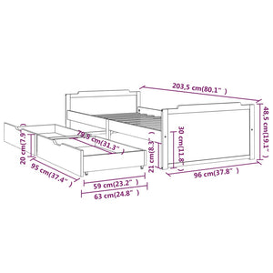 Πλαίσιο Κρεβατιού με Συρτάρια Λευκό 90x200εκ. Μασίφ Ξύλο Πεύκου