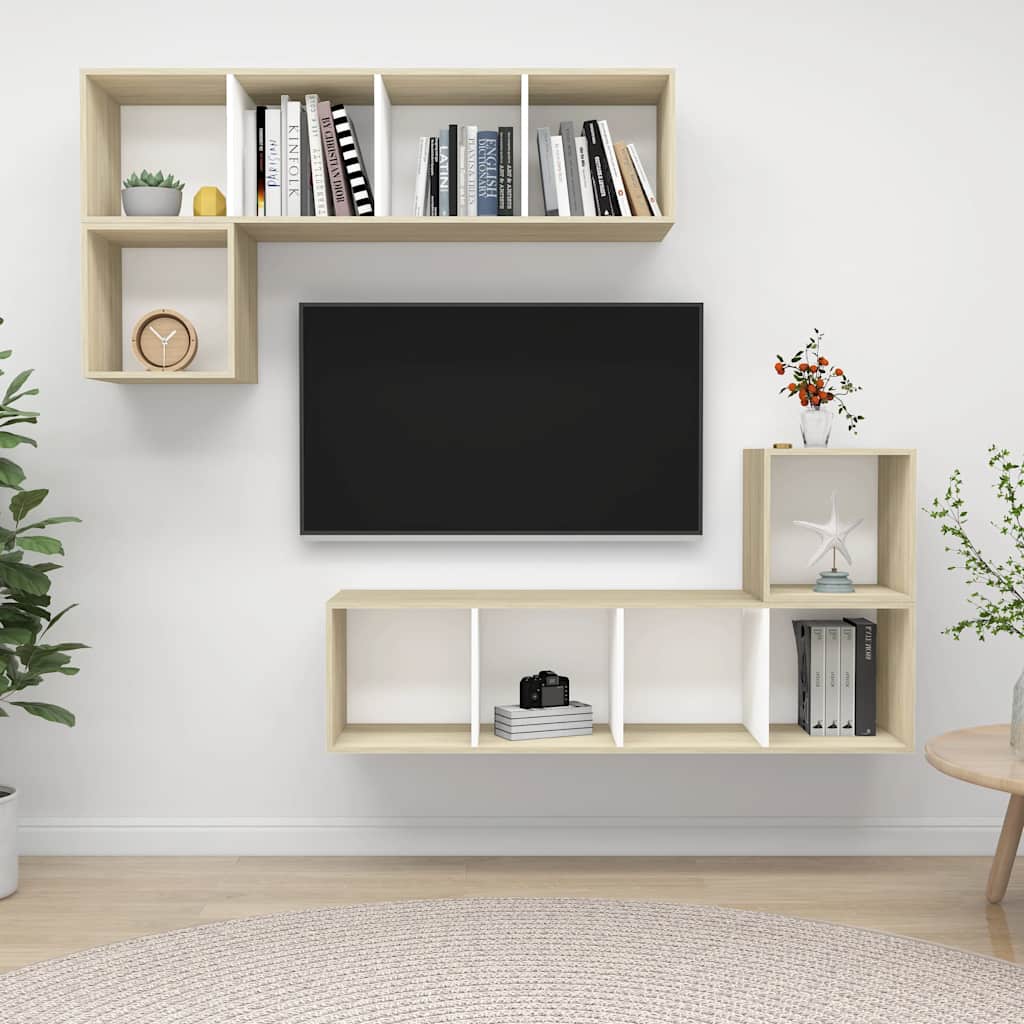 Έπιπλο Τηλεόρασης Σετ 4 τεμ. Λευκό/Sonoma Δρυς από Επεξ. Ξύλο - PAKOBAZAAR