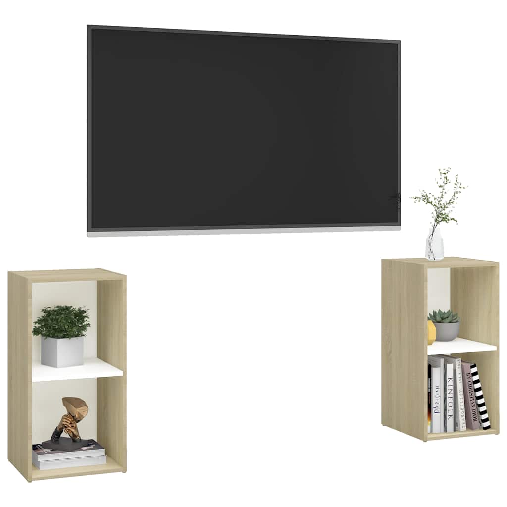 Έπιπλα Τηλεόρασης 2 τεμ. Λευκά/Δρυς 72x35x36,5 εκ. Επεξ. Ξύλο