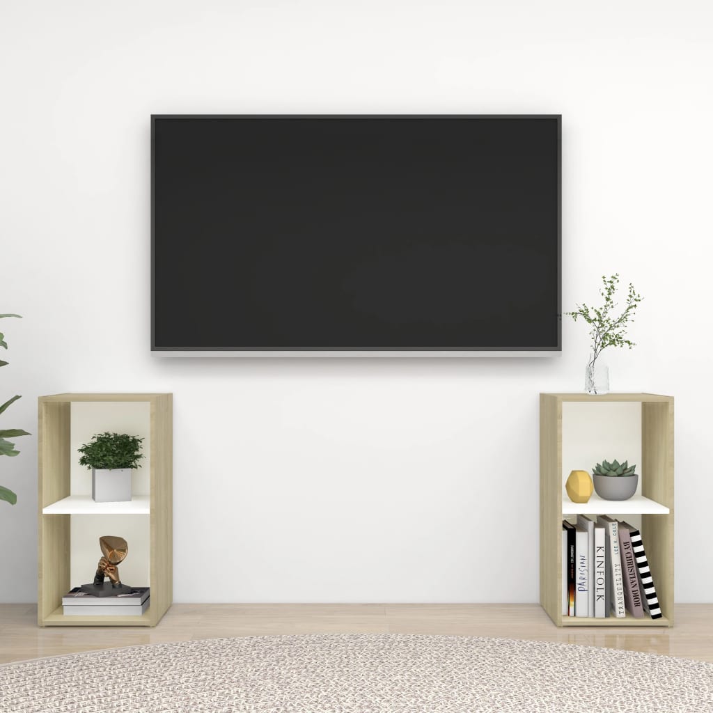 Έπιπλα Τηλεόρασης 2 τεμ. Λευκά/Δρυς 72x35x36,5 εκ. Επεξ. Ξύλο