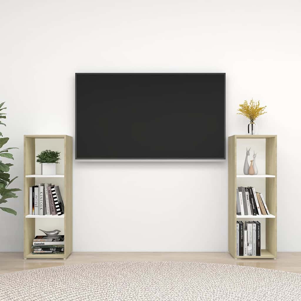 Έπιπλα Τηλεόρασης 2 τεμ. Λευκά/Δρυς 107x35x37 εκ. Επεξ. Ξύλο
