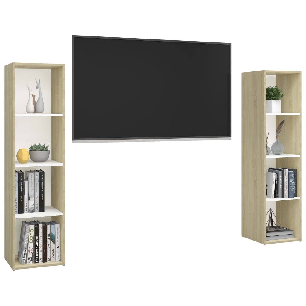 Έπιπλα Τηλεόρασης 2 τεμ Λευκό/Δρυς 142,5x35x36,5 εκ Επεξ. Ξύλο