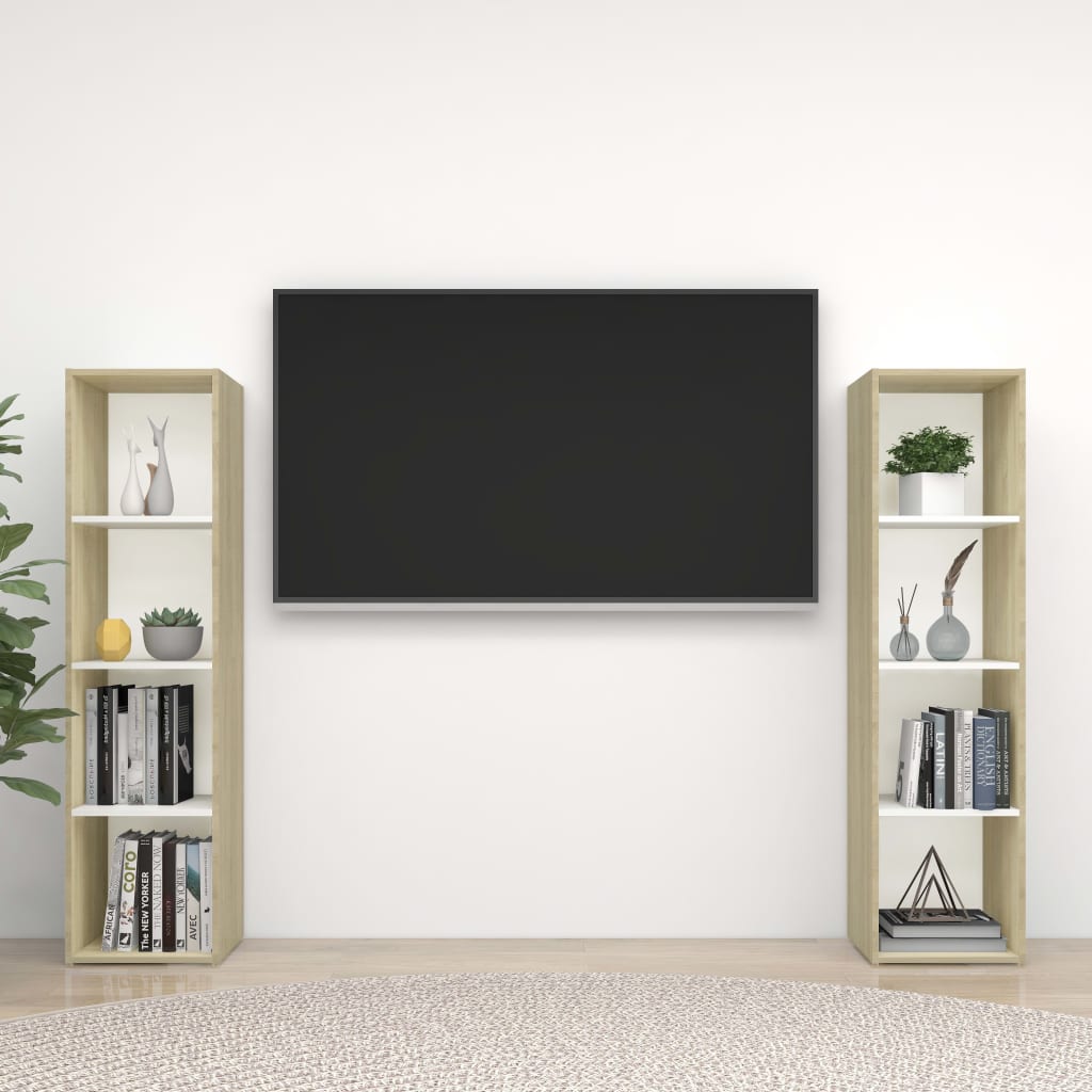 Έπιπλα Τηλεόρασης 2 τεμ Λευκό/Δρυς 142,5x35x36,5 εκ Επεξ. Ξύλο