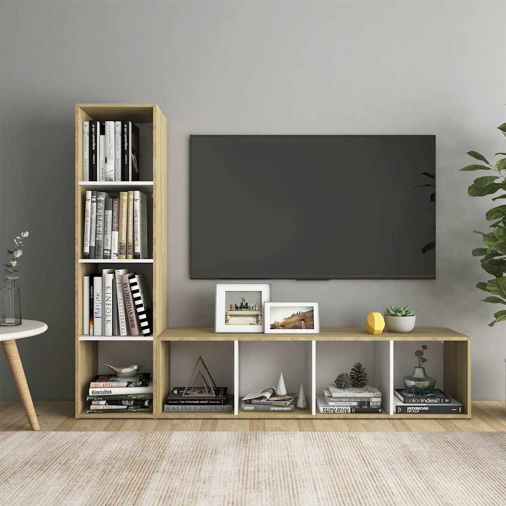 Έπιπλα Τηλεόρασης 2 τεμ Λευκό/Δρυς 142,5x35x36,5 εκ Επεξ. Ξύλο