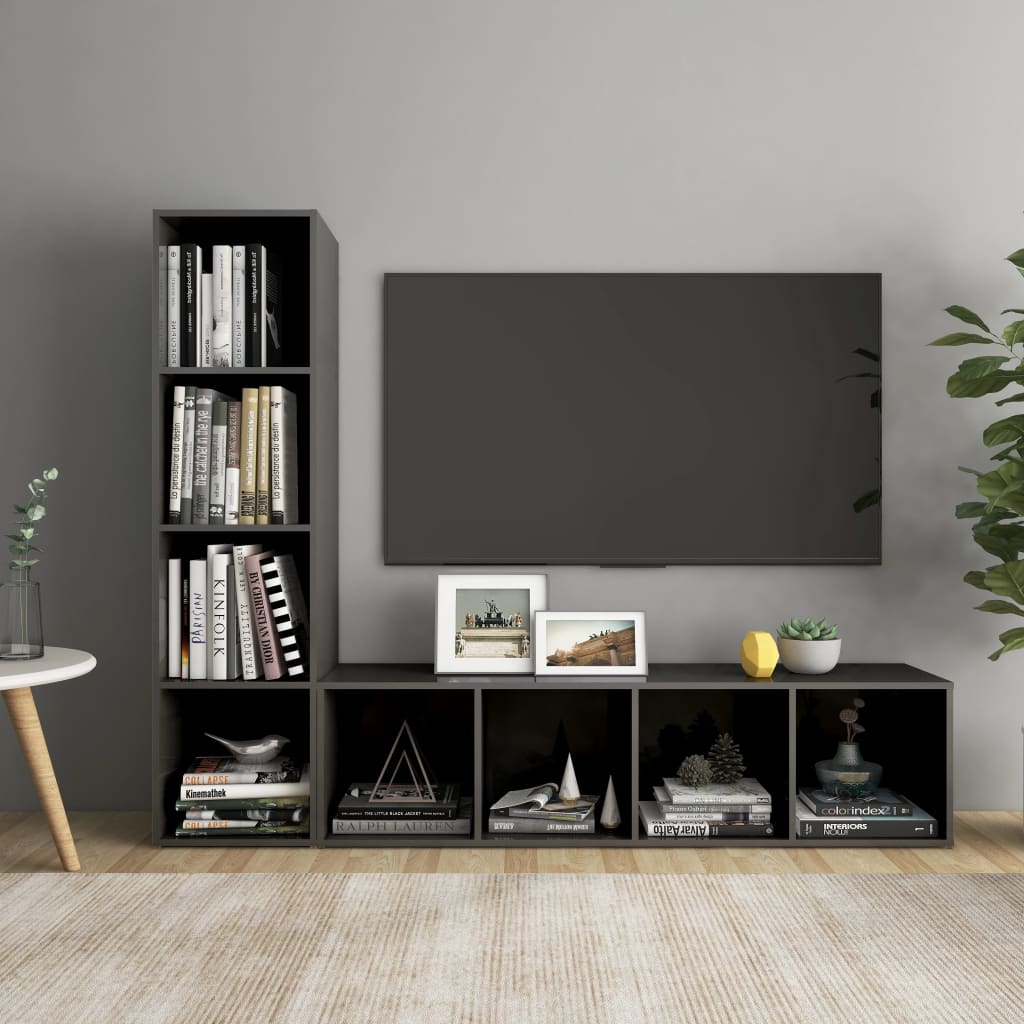 Έπιπλα Τηλεόρασης 2 Τεμ. Γυαλ. Γκρι 142,5x35x36,5εκ Μοριοσανίδα