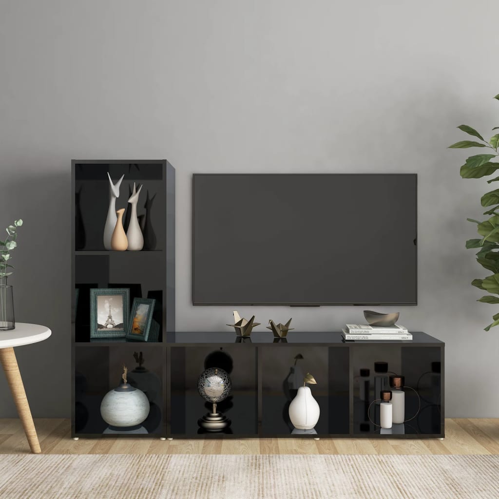 Έπιπλα Τηλεόρασης 2 τεμ. Γυαλ. Μαύρα 107x35x37εκ. Μοριοσανίδα - Pakobazaar