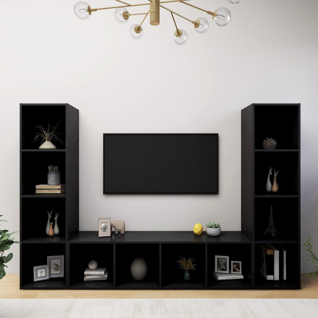 Έπιπλα Τηλεόρασης 3 τεμ. Μαύρα 142,5x35x36,5 εκ. Μοριοσανίδα - Pakobazaar