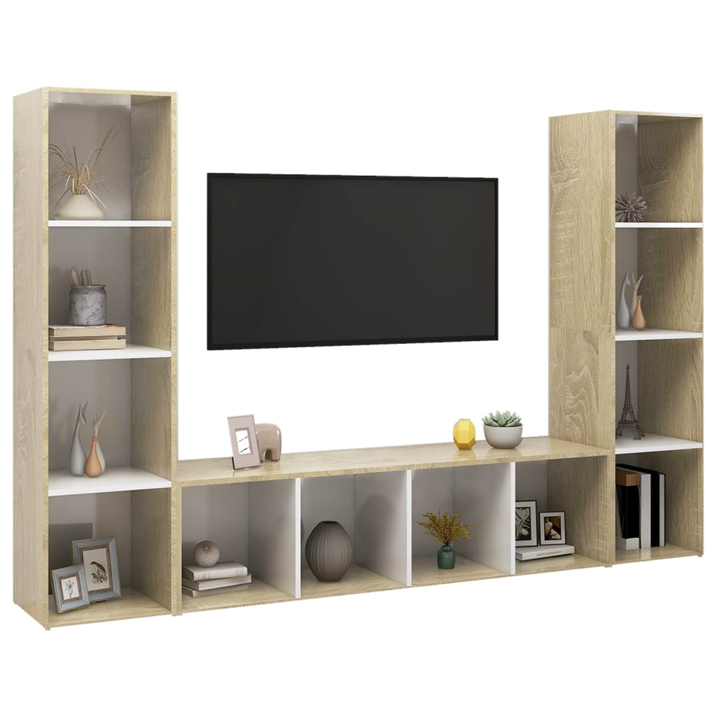Έπιπλα Τηλεόρασης 3 τεμ Λευκό/Δρυς 142,5x35x36,5 εκ Μοριοσανίδα