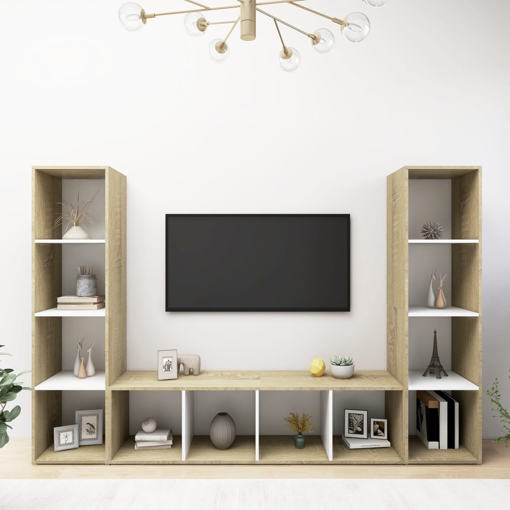 Έπιπλα Τηλεόρασης 3 τεμ Λευκό/Δρυς 142,5x35x36,5 εκ Μοριοσανίδα