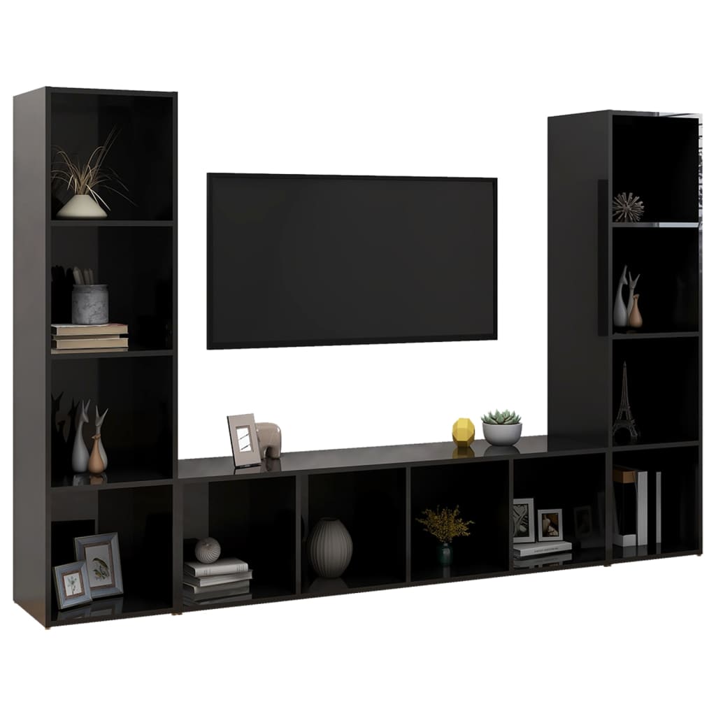 Έπιπλα Τηλεόρασης 3 τεμ Γυαλ.Μαύρα 142,5x35x36,5 εκ Μοριοσανίδα