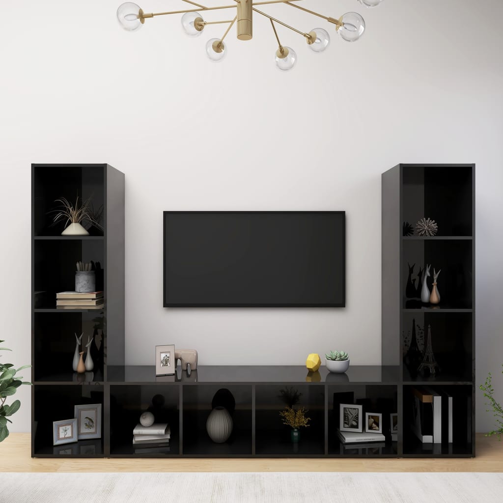 Έπιπλα Τηλεόρασης 3 τεμ Γυαλ.Μαύρα 142,5x35x36,5 εκ Μοριοσανίδα