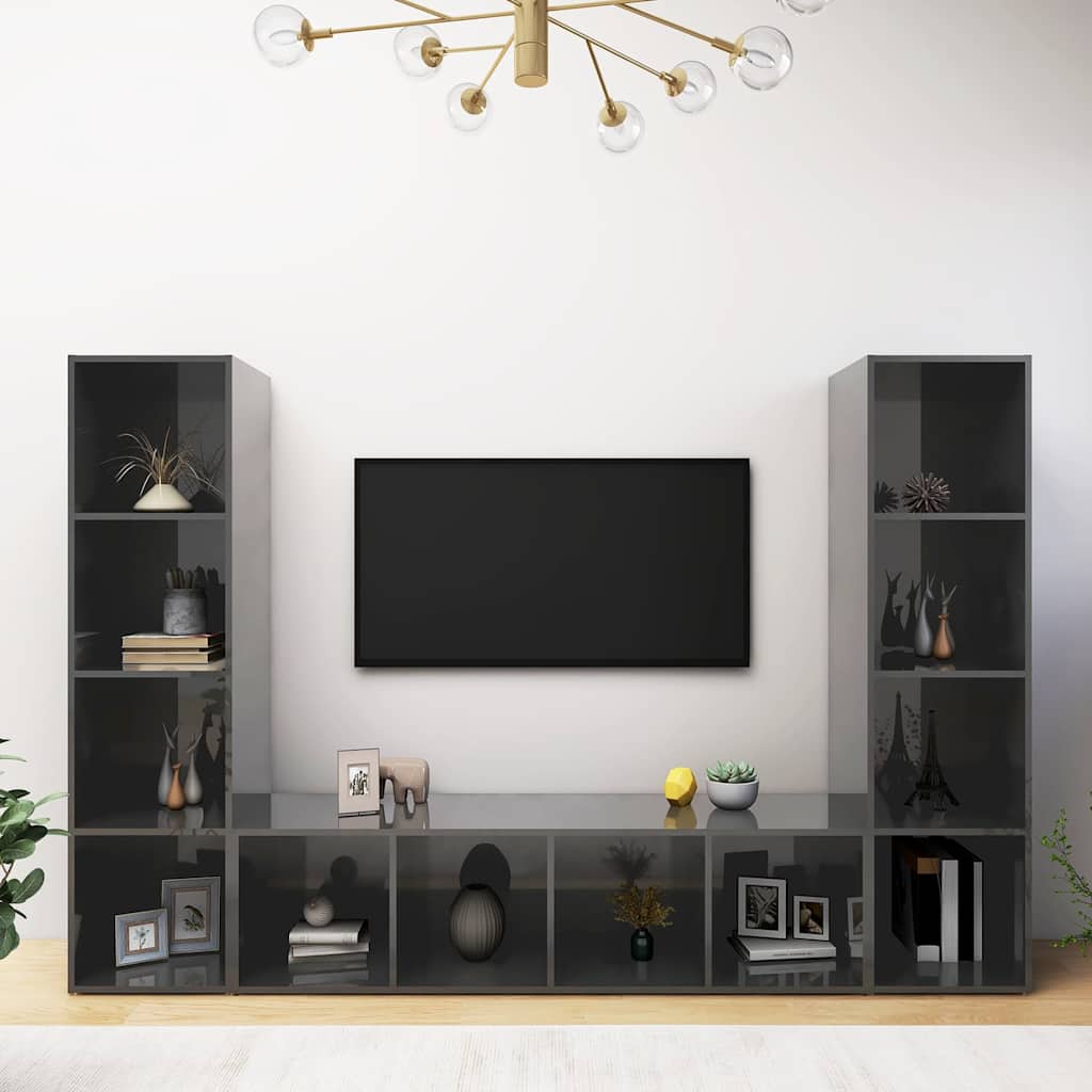 Έπιπλα Τηλεόρασης 3 τεμ. Γυαλ. Γκρι 142,5x35x36,5εκ Μοριοσανίδα