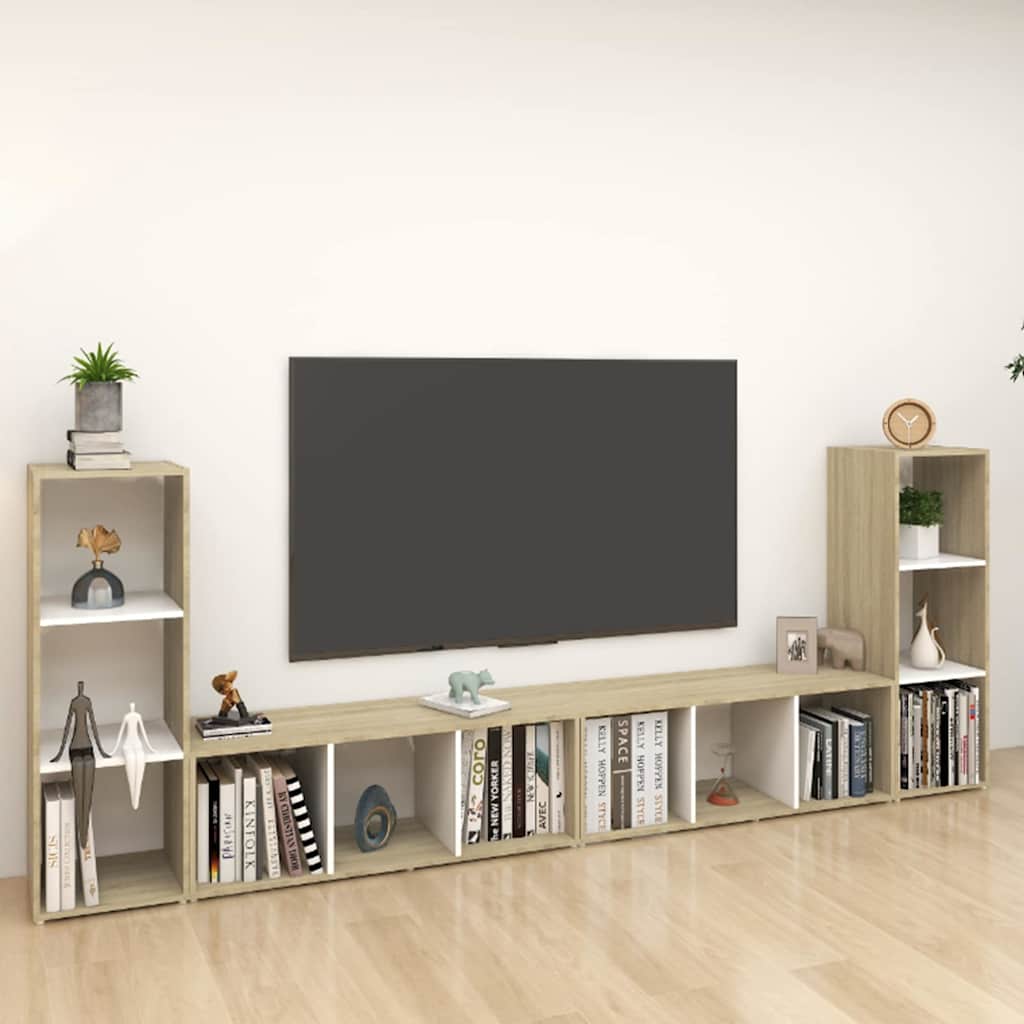 Έπιπλα Τηλεόρασης 4 τεμ. Λευκά/Δρυς 107x35x37 εκ. Επεξ. Ξύλο