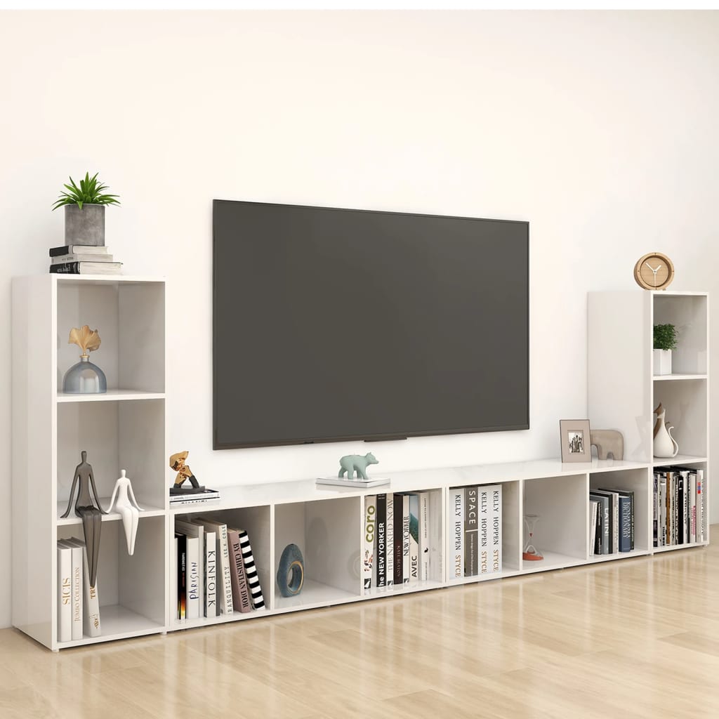 Έπιπλα Τηλεόρασης 4 τεμ. Γυαλ. Λευκά 107x35x37 εκ. Μοριοσανίδα