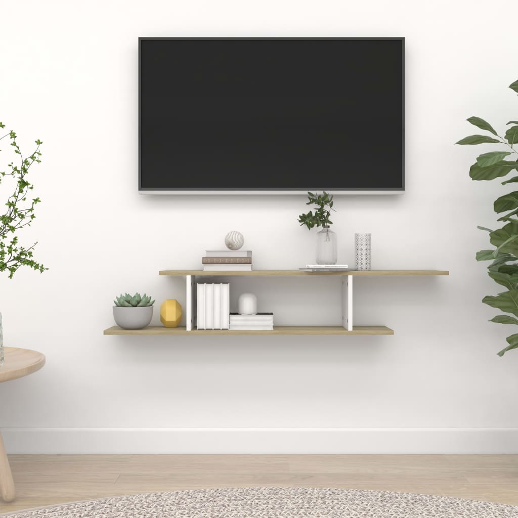 Ράφι Τηλεόρασης Επιτοίχιο Λευκό/Δρυς 125x18x23 εκ. Επεξ. Ξύλο