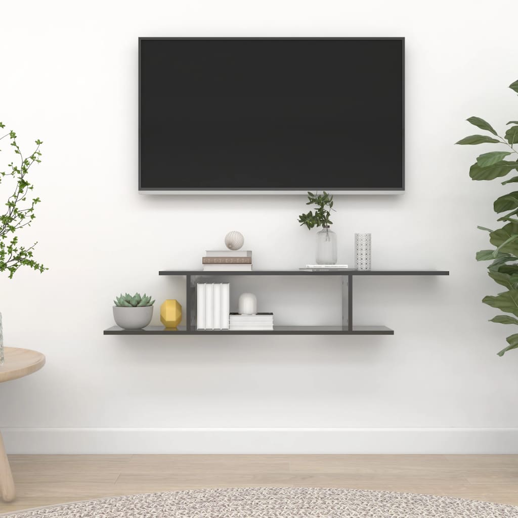 Ράφι Τηλεόρασης Επιτοίχιο Γυαλ. Γκρι 125x18x23 εκ. Επεξ. Ξύλο