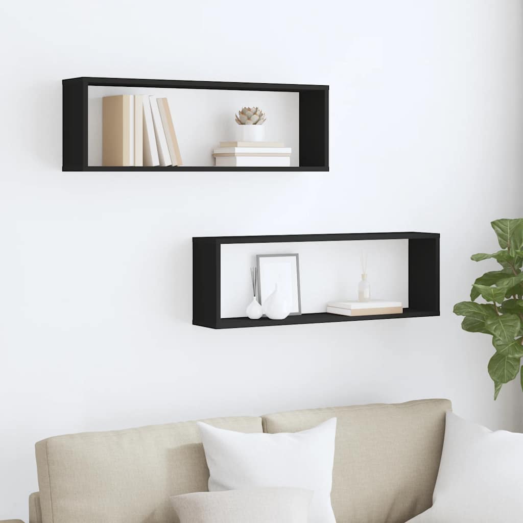 Ράφια Κύβοι Τοίχου 2 τεμ. Μαύρα 80 x 15 x 26,5 εκ. Επεξ. Ξύλο - Pakobazaar