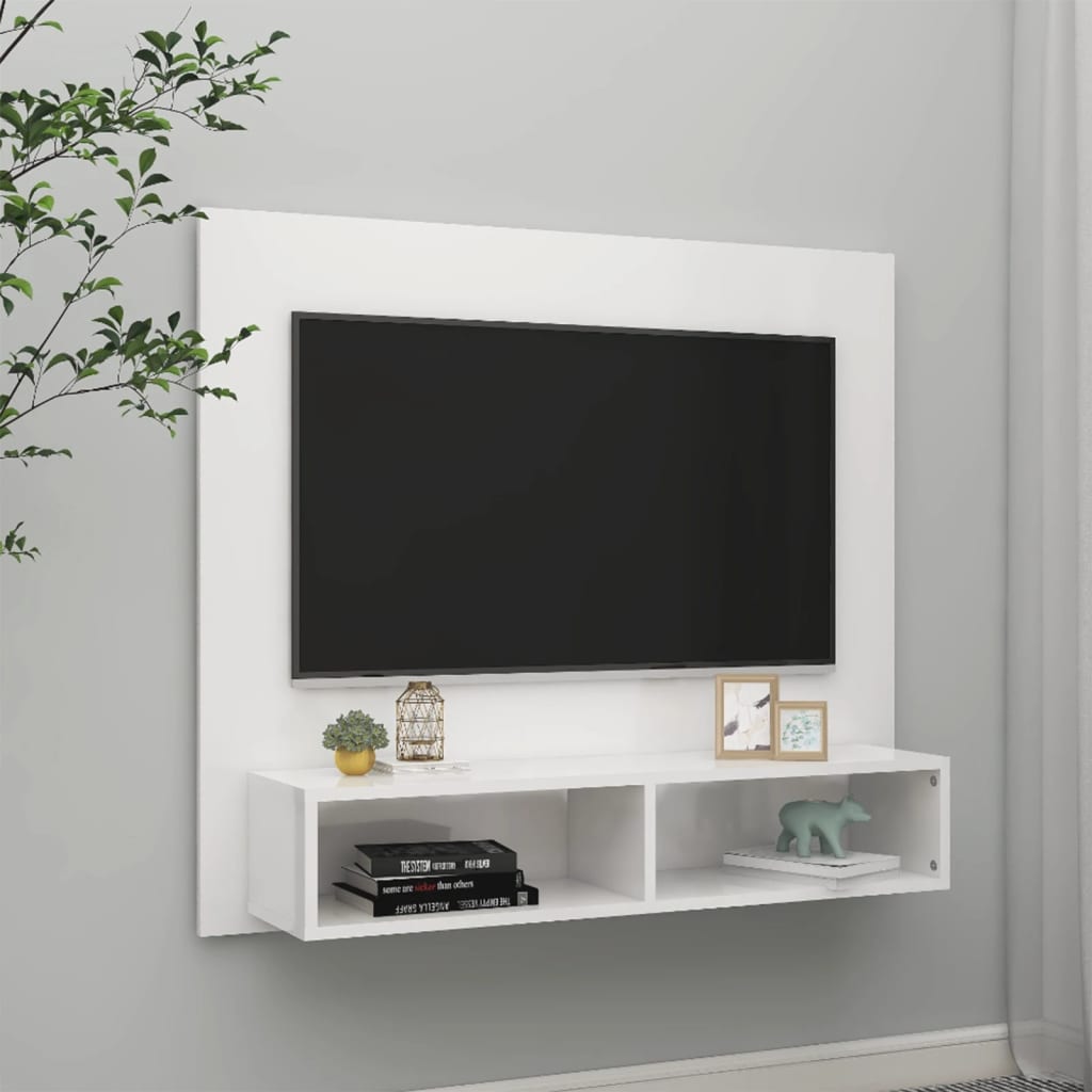 Έπιπλο Τηλεόρασης Τοίχου Γυαλ. Λευκό 102x23,5x90εκ. Μοριοσανίδα - Pakobazaar