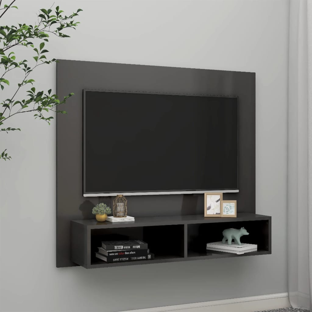 Έπιπλο Τηλεόρασης Τοίχου Γυαλ. Γκρι 102x23,5x90 εκ. Επεξ. Ξύλο