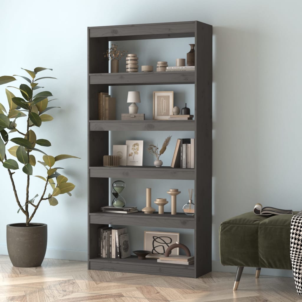 Βιβλιοθήκη/Διαχωριστικό Χώρου Γκρι 80x30x167,4 εκ. Μασίφ Πεύκο