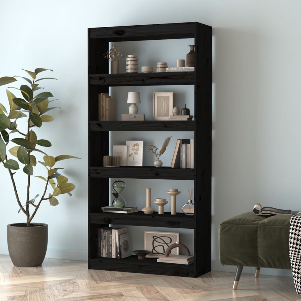 Βιβλιοθήκη/Διαχωριστικό Χώρου Μαύρη 80x30x167,4 εκ. Μασίφ Πεύκο