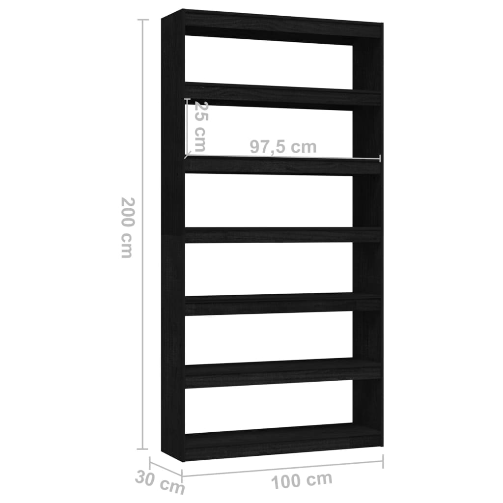 Βιβλιοθήκη/Διαχωριστικό Χώρου Μαύρο 100x30x200 εκ. Ξύλο Πεύκου - Pakobazaar