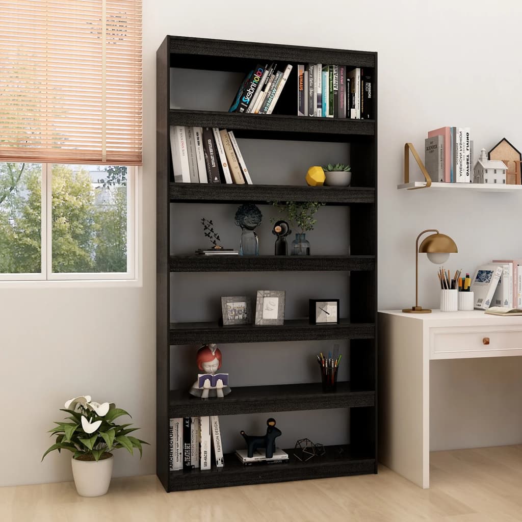 Βιβλιοθήκη/Διαχωριστικό Χώρου Μαύρο 100x30x200 εκ. Ξύλο Πεύκου - Pakobazaar