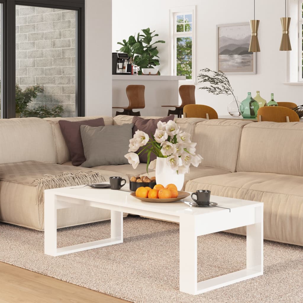 Τραπεζάκι Σαλονιού Γυαλ. Λευκό 110x50x35 εκ. Επεξεργασμένο Ξύλο