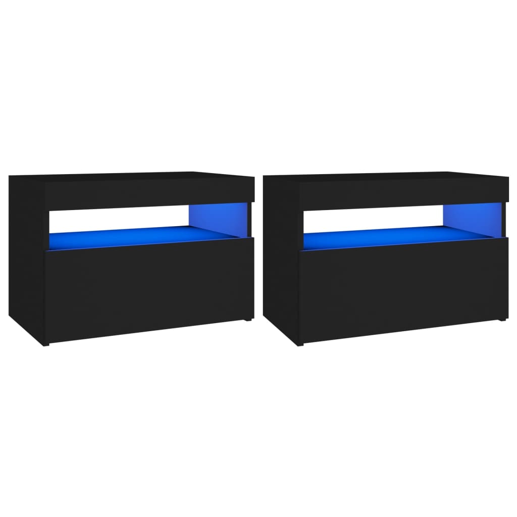 Κομοδίνα με LED 2 τεμ. Μαύρα 60 x 35 x 40εκ. Επεξεργασμένο Ξύλο