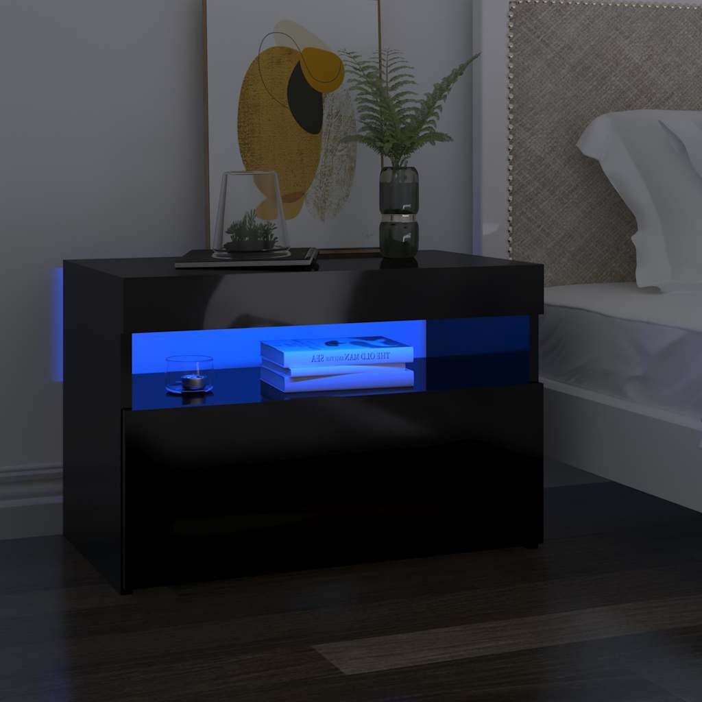 Κομοδίνα με LED 2 τεμ. Γυαλιστερό Μαύρο 60 x 35 x 40 εκ. - Pakobazaar