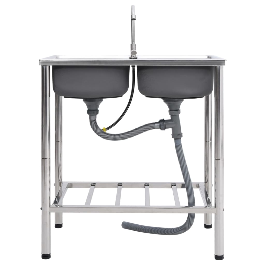 Νεροχύτης Εξωτερ. Χώρου με Διπλή Γούρνα & Μπαταρία Ανοξ. Ατσάλι - PAKOBAZAAR