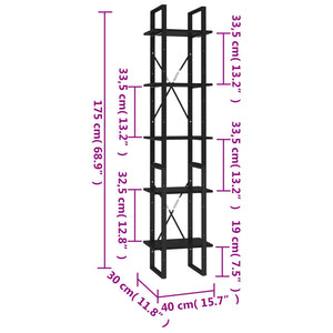Βιβλιοθήκη με 5 Ράφια Μαύρη 40 x 30 x 175 εκ. από Επεξ. Ξύλο - PAKOBAZAAR