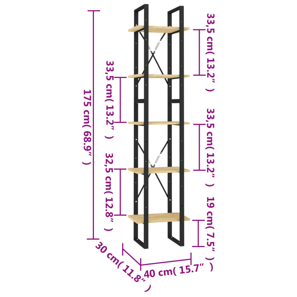 Βιβλιοθήκη με 5 Ράφια 40 x 30 x 175 εκ. από Ξύλο Πεύκου - PAKOBAZAAR