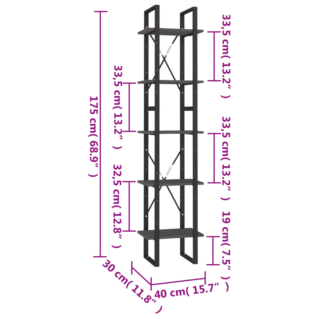 Βιβλιοθήκη με 5 Ράφια Γκρι 40 x 30 x 175 εκ. από Ξύλο Πεύκου - PAKOBAZAAR