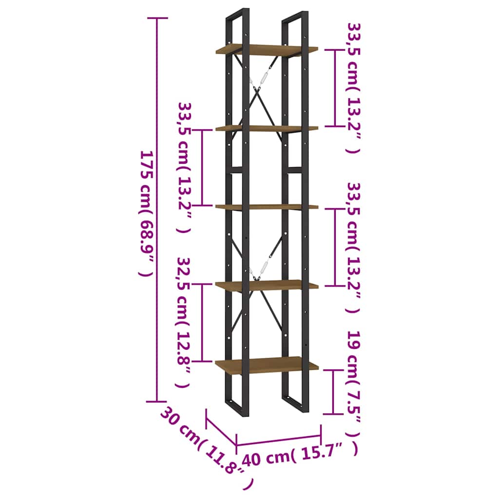 Βιβλιοθήκη με 5 Ράφια Καφέ 40 x 30 x 175 εκ. από Ξύλο Πεύκου - Pakobazaar