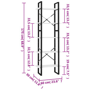 Βιβλιοθήκη με 5 Ράφια Λευκή 60 x 30 x 175 εκ. από Επεξ. Ξύλο - PAKOBAZAAR