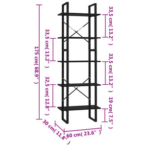 Βιβλιοθήκη με 5 Ράφια Μαύρη 60 x 30 x 175 εκ. από Επεξ. Ξύλο - Pakobazaar