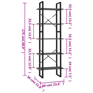 Βιβλιοθήκη με 5 Ράφια Γκρι 60 x 30 x 175 εκ. από Επεξ. Ξύλο - PAKOBAZAAR