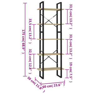Βιβλιοθήκη με 5 Ράφια Sonoma Δρυς 60 x 30 x 175 εκ. Επεξ. Ξύλο - Pakobazaar