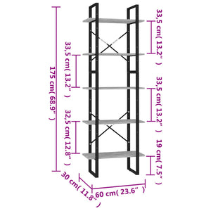 Βιβλιοθήκη με 5 Ράφια Γκρι Σκυρ. 60 x 30 x 175 εκ. Επεξ. Ξύλο - PAKOBAZAAR