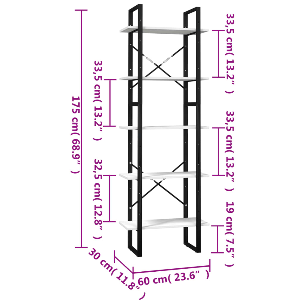 Βιβλιοθήκη με 5 Ράφια Λευκή 60 x 30 x 175 εκ. από Ξύλο Πεύκου - PAKOBAZAAR