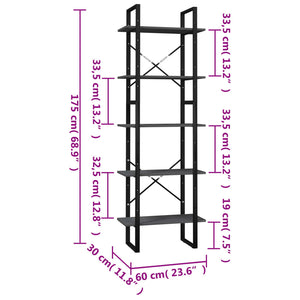 Βιβλιοθήκη με 5 Ράφια Γκρι 60 x 30 x 175 εκ. από Ξύλο Πεύκου - PAKOBAZAAR